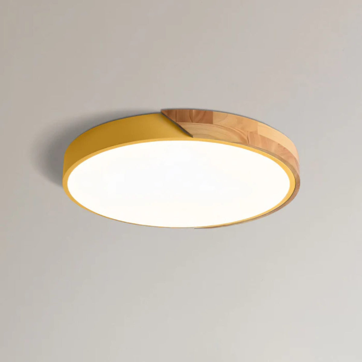 Scandinavian Wood Flush Mount Ceiling Light With Remote Dimming for Living Room in Yellow — Greenwich Home & Living
