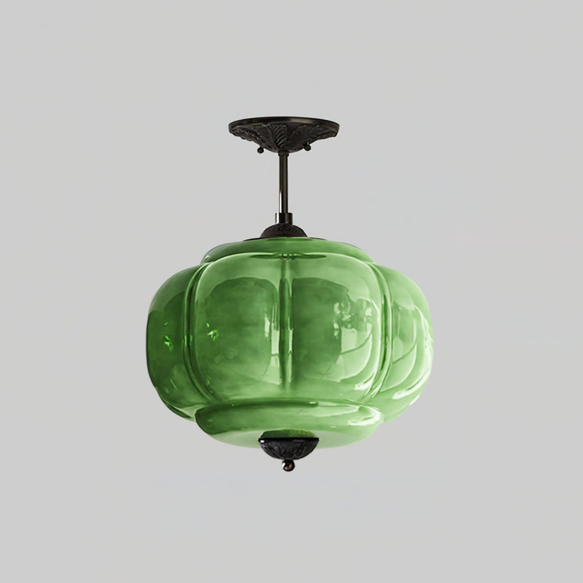 Retro Wrought Iron and Glass Semi-Flush Ceiling Light With Tri-Color Light in Black Green — Greenwich Home & Living