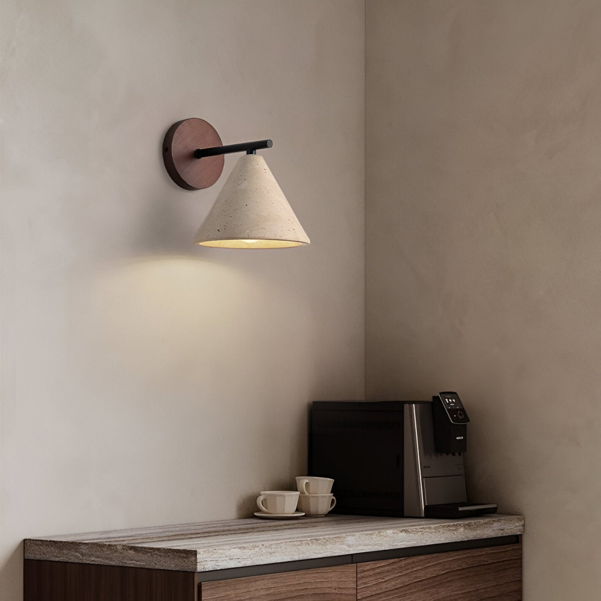 Modern Travertine and Walnut Wall Light With Warm LED Glow — Greenwich Home & Living