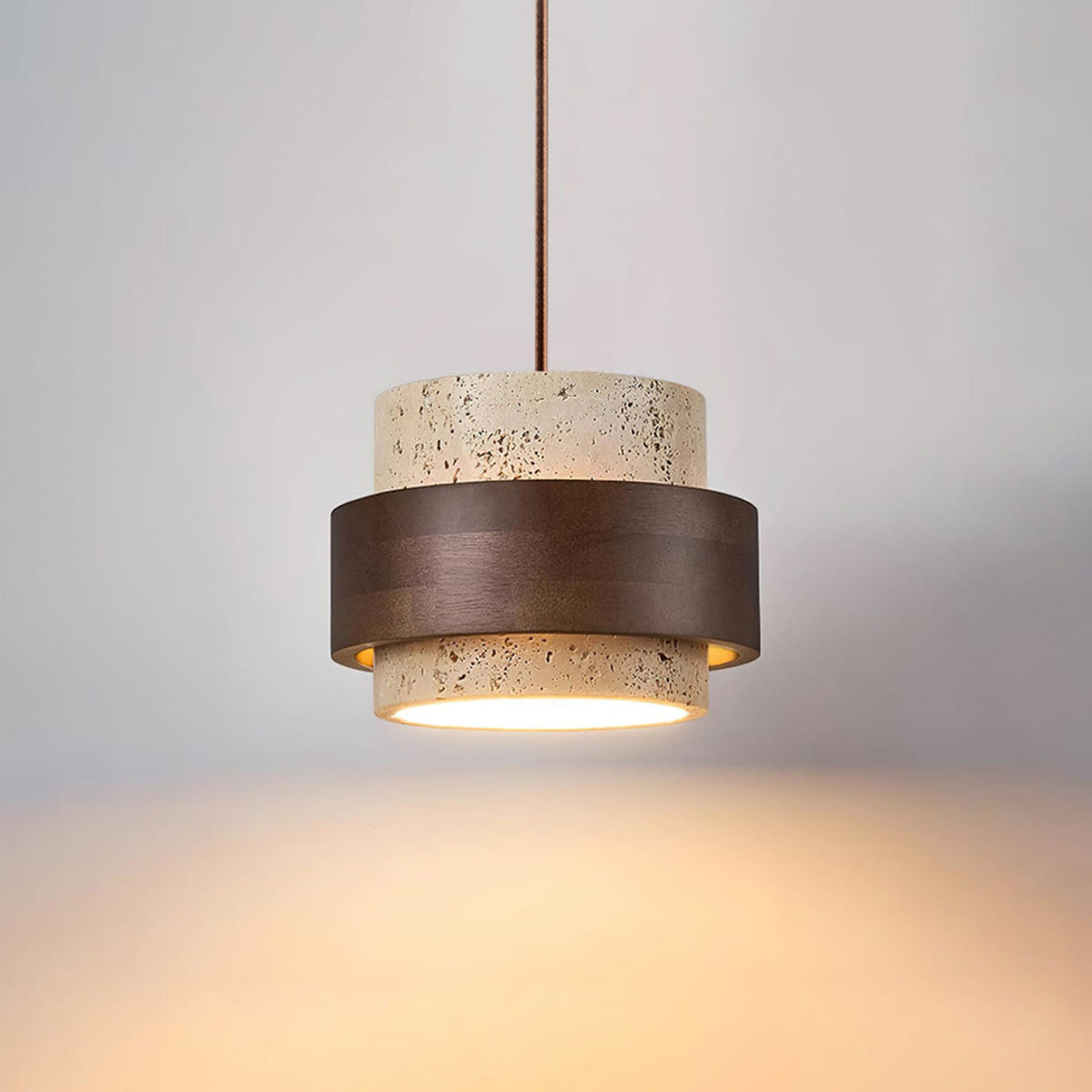 Contemporary Travertine and Solid Wood Pendant Light With Tri-Color Light for Dining Room — Greenwich Home & Living