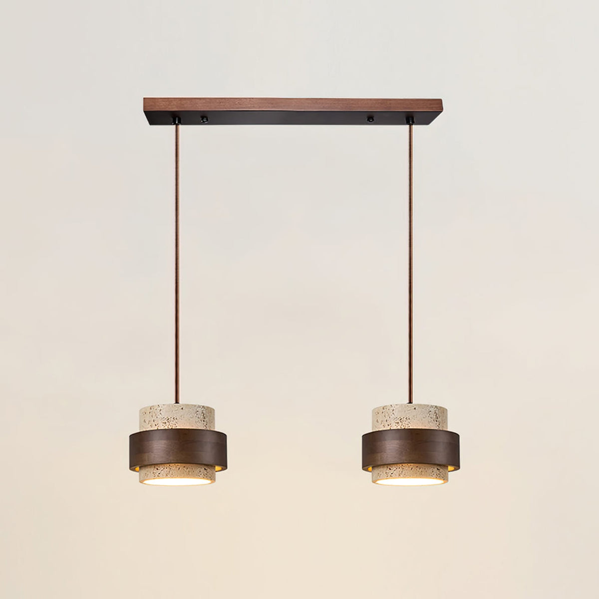 Contemporary Travertine and Solid Wood Pendant Light With Tri-Color Light for Dining Room in 2 Heads - 22" × 59" (55 × 150 cm) — Greenwich Home & Living