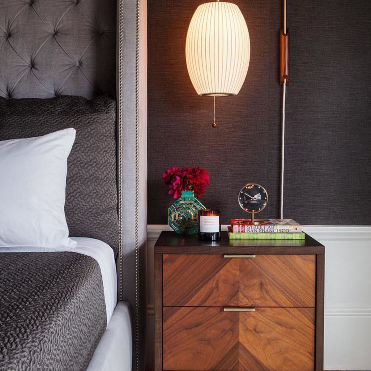 Modern Silk and Walnut Wood Wall Light for Bedroom and Living Room — Greenwich Home & Living