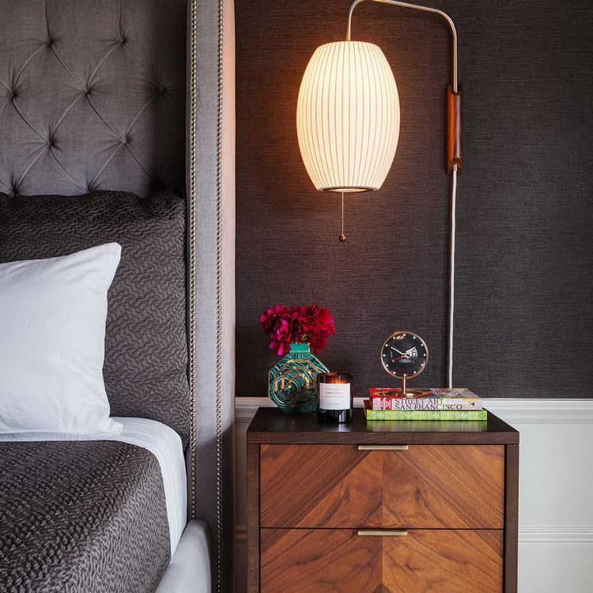 Modern Silk and Walnut Wood Wall Light for Bedroom and Living Room — Greenwich Home & Living