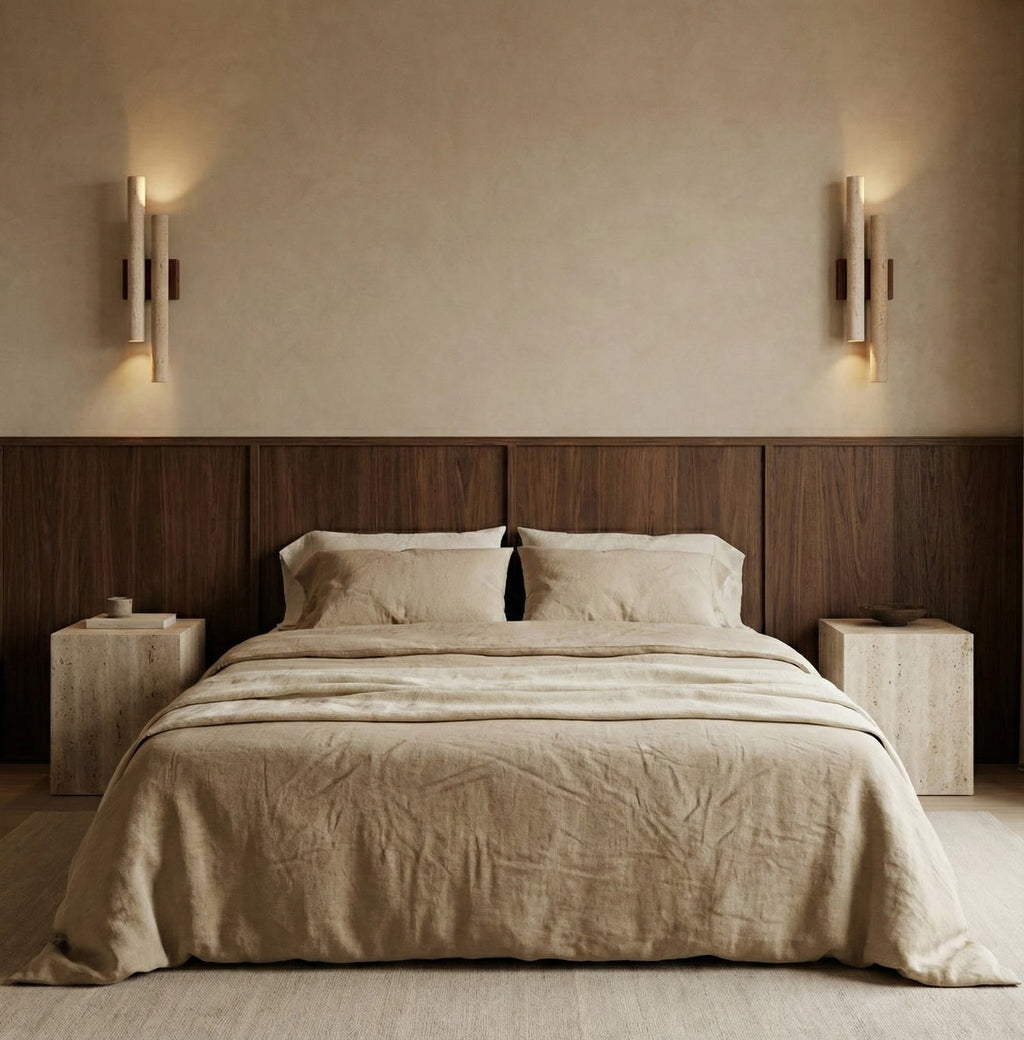 Modern Travertine Stone Wall Sconce With Warm LED Glow — Greenwich Home & Living